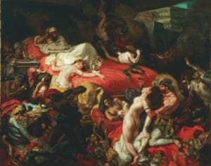 Eugene Victor Ferdinand Delacroix, "Death of Sadanapalus, " 1827, isn't my favorite Delabroix, but it presage how the French Revolultion, Napoleonic Wars, and almost unending violence of the early nineteenth century began in literature with De Sade and ended with Grand Guignol.