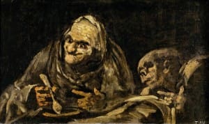 Francisco Jose de Goya-y Lucientes, "Two Old Men Eating," 1819-1823, exemplifies Goya's use of the grotesque to interrogate broad human concerns within specific historical and social conditions, even in the "black" period that suggests suppression of all context.