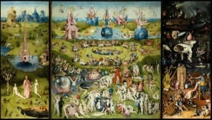 A Bosch triptych. The closer you look, the weirder it gets, but the third panel, of course, anticipates Surrealism by several centuries.