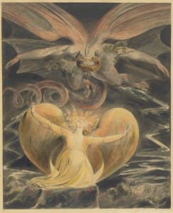 William Blake's "The Great Red Dragon and the Woman Clothed with the Sun," 1805. If you claim to care about fantasy art and don't know Blake images you suck, Thomas Harris used the Biblical passage and the painting in RED DRAGON; I am merely using the passage in MANUFACTURING MIRACLES.